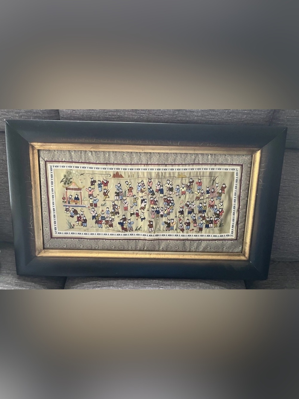 100 Children Play (Baizi) motif, hand embroidered Chinese silk, 20th century